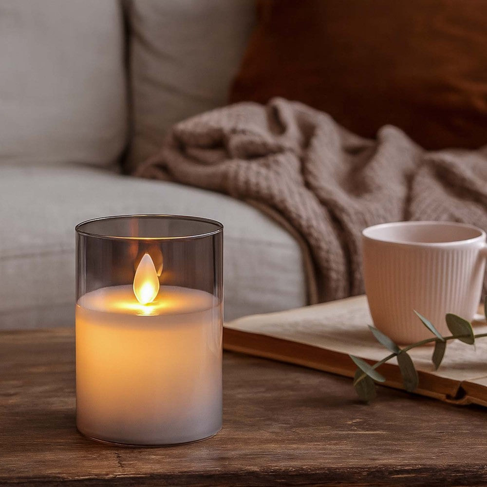 LED Bloklys i røgfarvet glas Ø7,5cm, 3 stk, flammeeffekt - m. fjernbetjening & timer, højde 10/12,5/15cm, ægte stearin