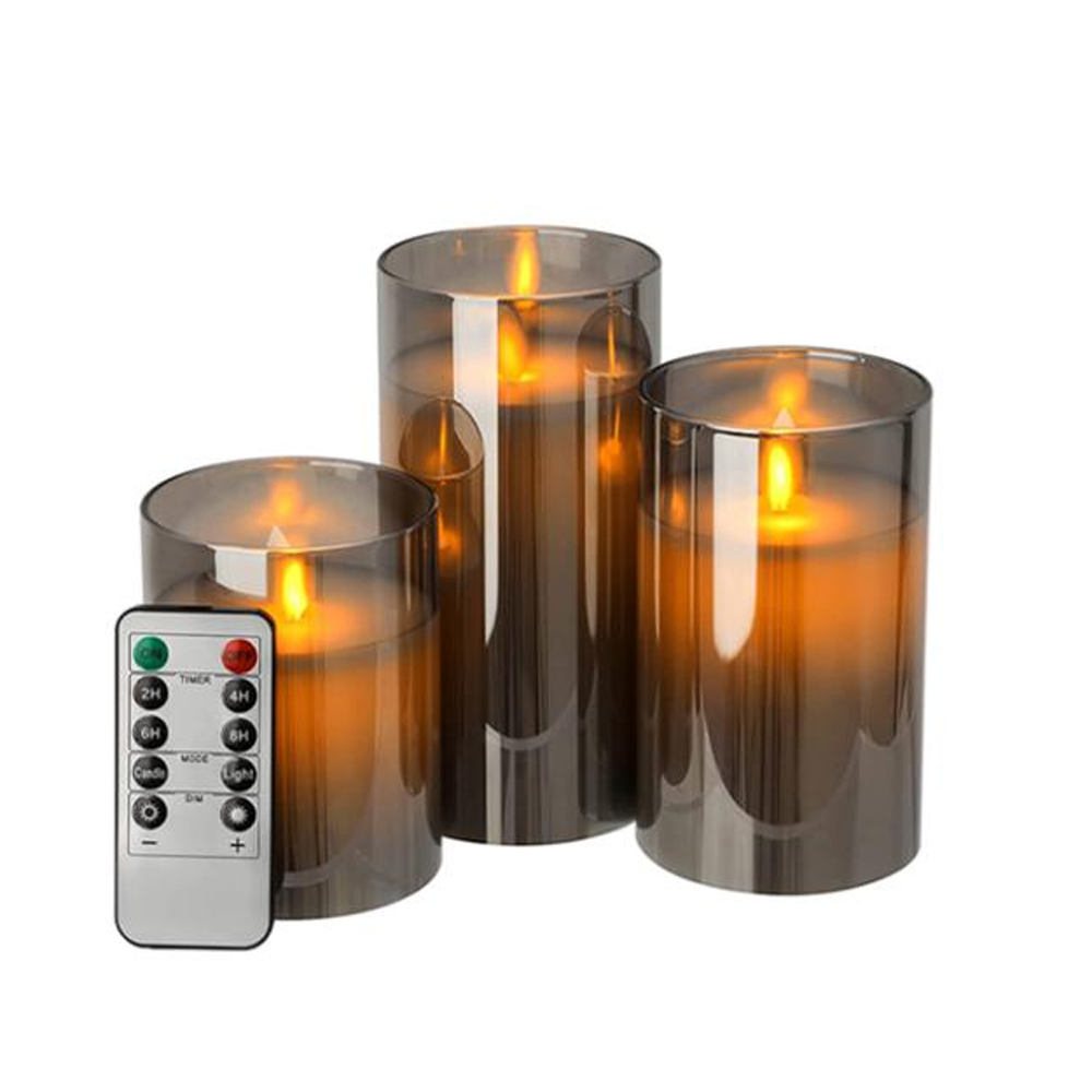 LED Bloklys i røgfarvet glas Ø7,5cm, 3 stk, flammeeffekt - m. fjernbetjening & timer, højde 10/12,5/15cm, ægte stearin