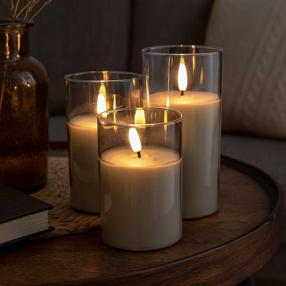 LED Bloklys sæt i gråtonet glas med flammeeffekt, Ø7,5cm, 3 stk - Inkl. fjernbetjening, timer, højde 10/12,5/15cm