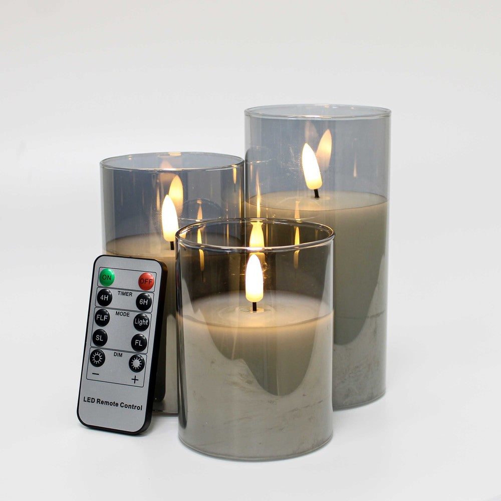 LED Bloklys sæt i gråtonet glas med flammeeffekt, Ø7,5cm, 3 stk - Inkl. fjernbetjening, timer, højde 10/12,5/15cm