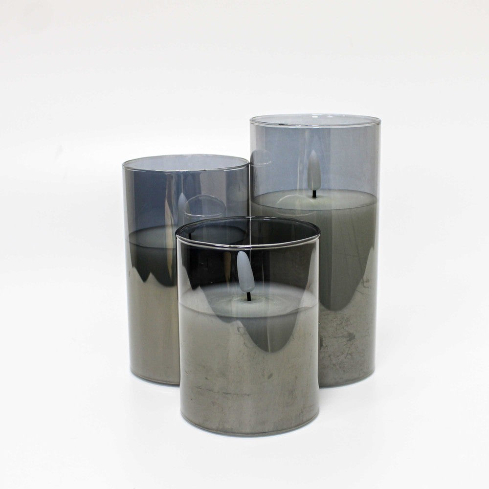LED Bloklys sæt i gråtonet glas med flammeeffekt, Ø7,5cm, 3 stk - Inkl. fjernbetjening, timer, højde 10/12,5/15cm