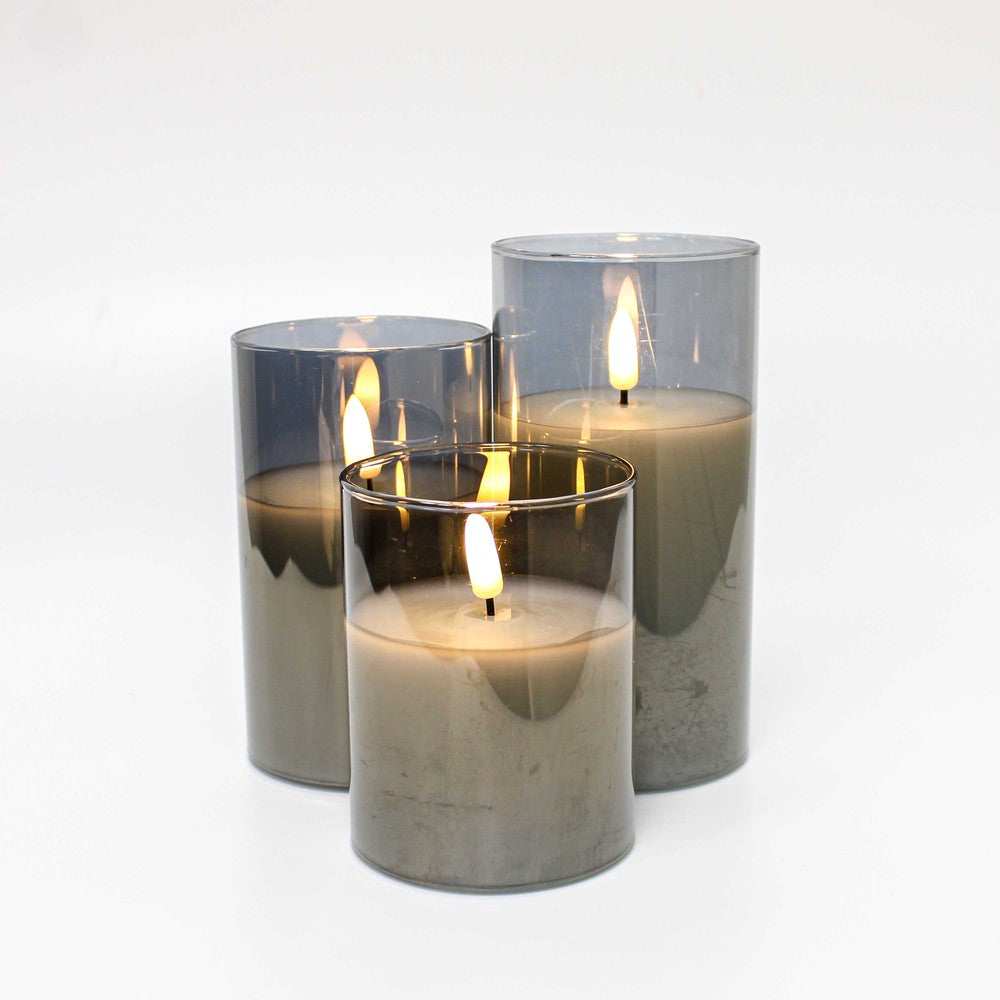 LED Bloklys sæt i gråtonet glas med flammeeffekt, Ø7,5cm, 3 stk - Inkl. fjernbetjening, timer, højde 10/12,5/15cm