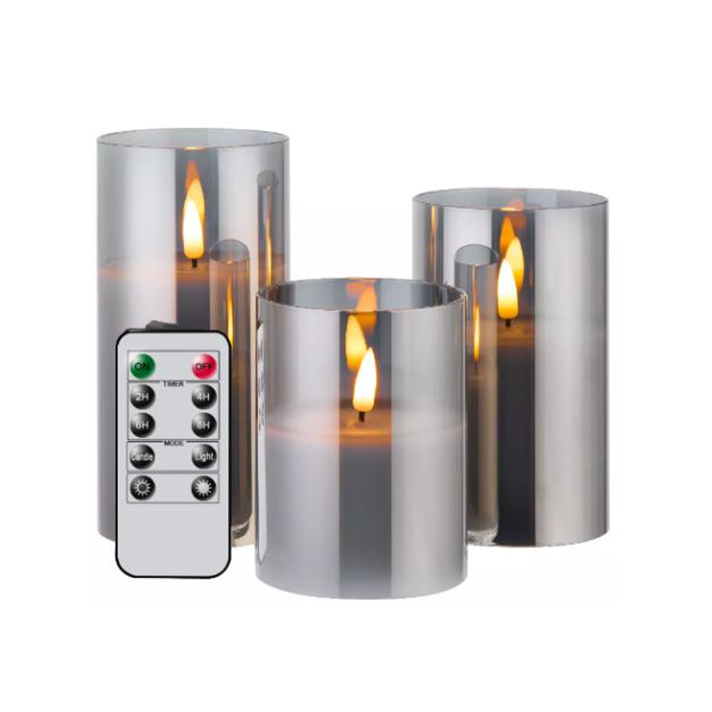 LED Bloklys sæt i gråtonet glas med flammeeffekt, Ø7,5cm, 3 stk - Inkl. fjernbetjening, timer, højde 10/12,5/15cm