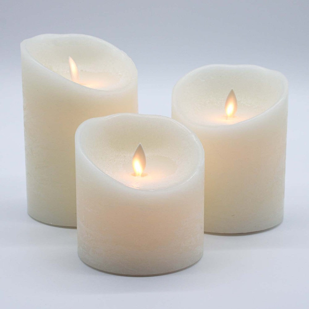 LED Bloklys med bevægelig flamme, hvid, Ø10cm, 3 stk, inkl. fjernbetjening og timer, ægte stearin