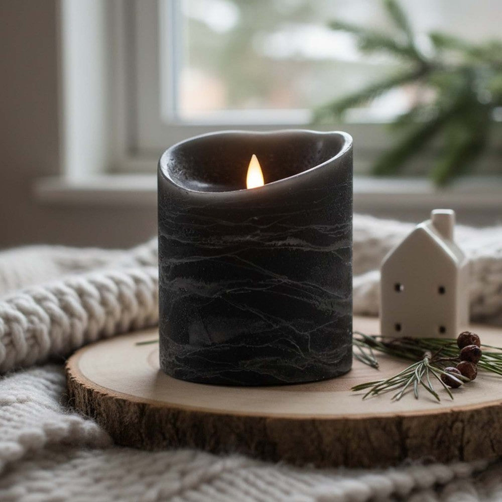 LED Bloklys med bevægelig flamme og fjernbetjening, sort meleret, sæt med 3 stk, højde 10/12,5/15 cm, Ø10 cm, ægte stearin