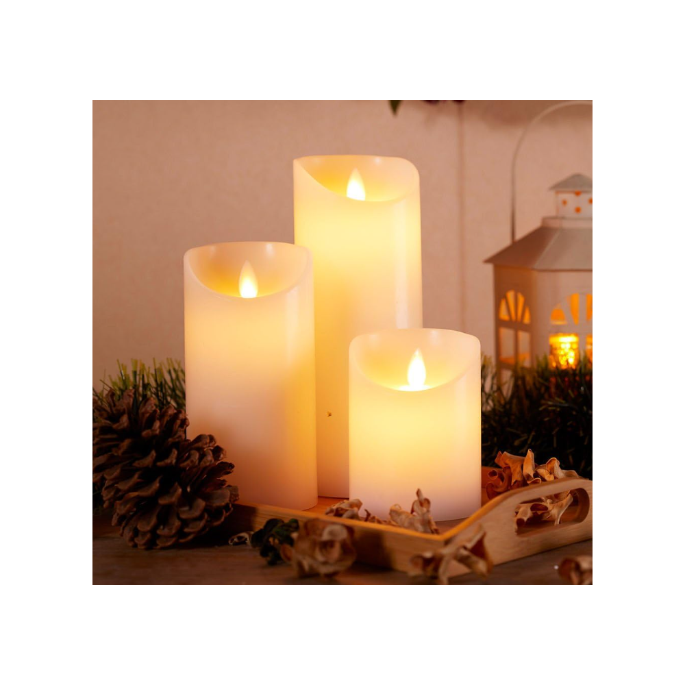 LED Bloklys med bevægelig flamme, hvid, 3 stk, Ø7,5cm, inkl. fjernbetjening og timer, 10/15/20cm høj, ægte stearin