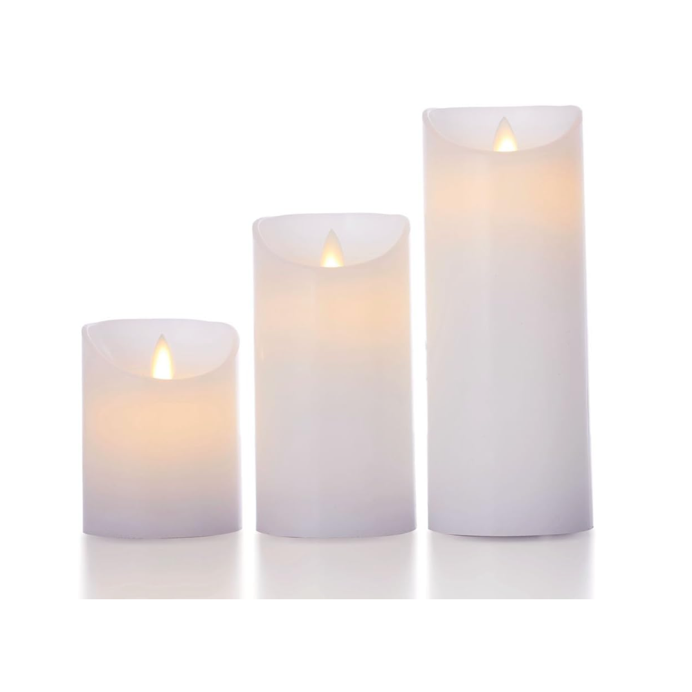 LED Bloklys med bevægelig flamme, hvid, 3 stk, Ø7,5cm, inkl. fjernbetjening og timer, 10/15/20cm høj, ægte stearin