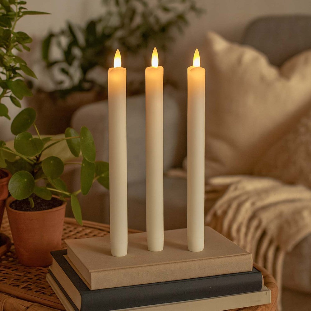 3-pak LED stearinlys med flammeeffekt, Ø2,2cm, Højde: 24,5cm, kronelys, fjernbetjening, timer, batteridrevet