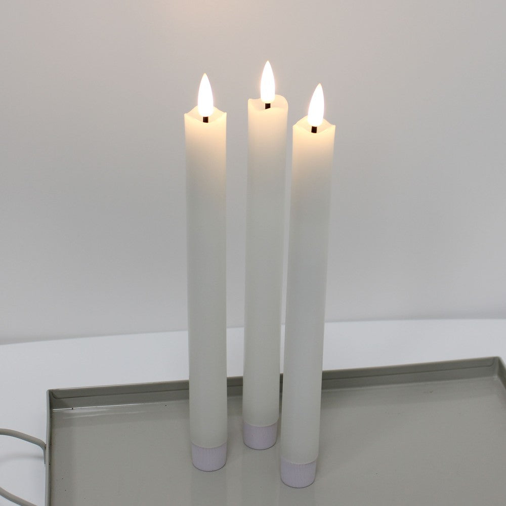 3-pak LED stearinlys med flammeeffekt, Ø2,2cm, Højde: 24,5cm, kronelys, fjernbetjening, timer, batteridrevet