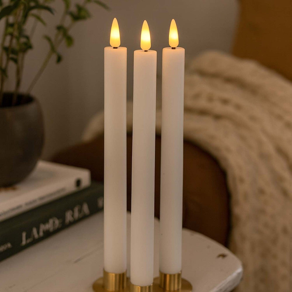 3-pak hvide LED stearinlys med flammeeffekt - Ø2,2cm, Højde: 24,5cm, stagelys, fjernbetjening, timer, batteridrevet