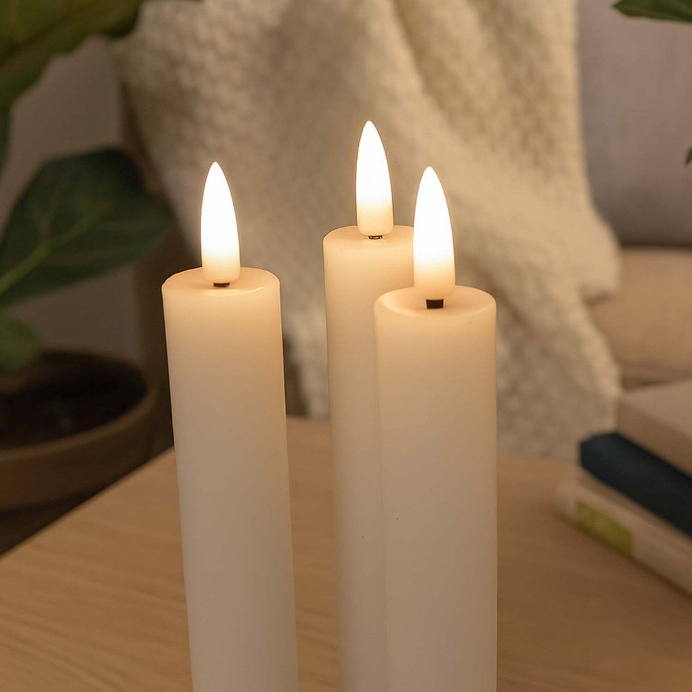 3-pak hvide LED stearinlys med flammeeffekt - Ø2,2cm, Højde: 24,5cm, stagelys, fjernbetjening, timer, batteridrevet