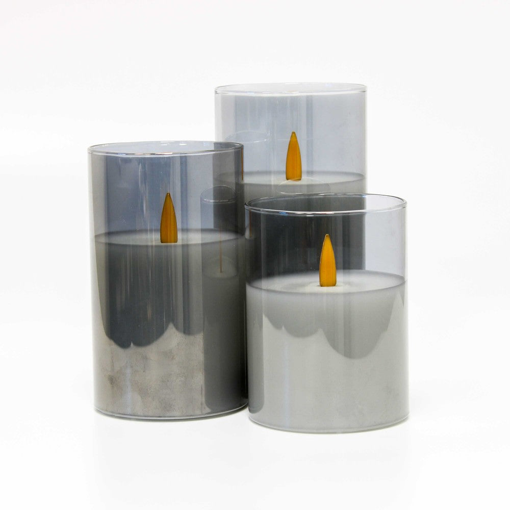 LED Bloklys sæt i røgfarvet glas Ø7,5cm, 3 stk, flammeeffekt - Inkl. fjernbetjening og timer, 10/12,5/15cm høj, ægte stearin