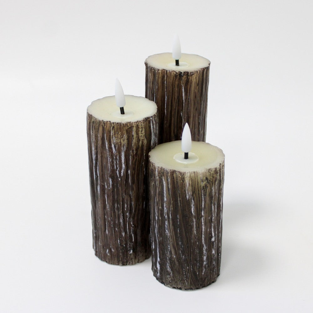 LED Træ-look bloklys sæt med smeltet look og flammeeffekt - Ø5,5cm, 10/12,5/15cm høj - Inkl. fjernbetjening