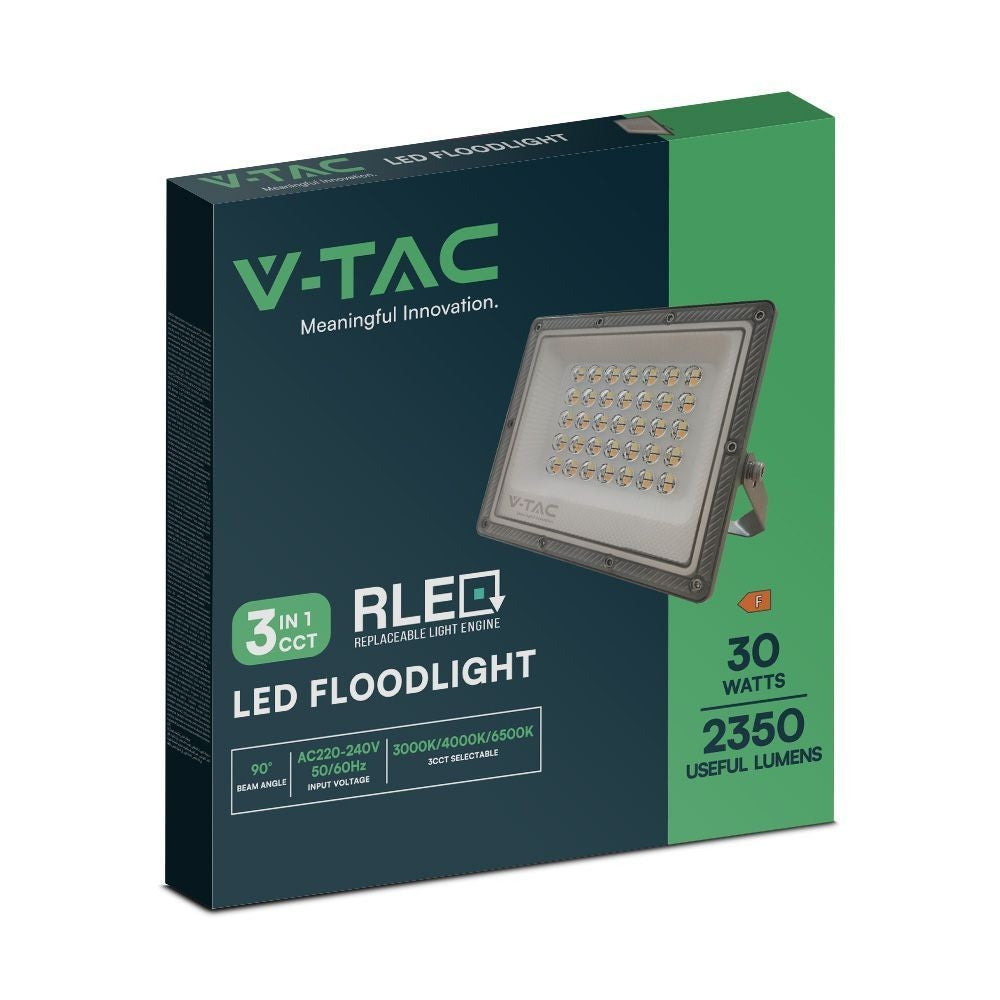 V-Tac 30W LED projektør med CCT og 3 lyskulører til udendørs brug, arbejdslampe - 2350lm, RA80, IP65, 230V input