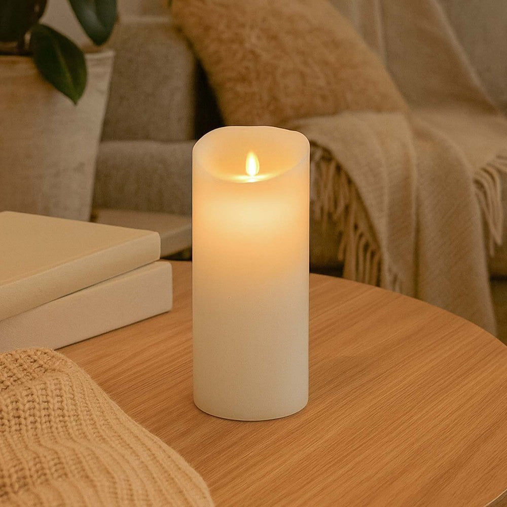 LED XL Bloklys med flammeeffekt og fjernbetjening, hvid, Ø10cm, 22,5cm høj, timer, ægte stearin