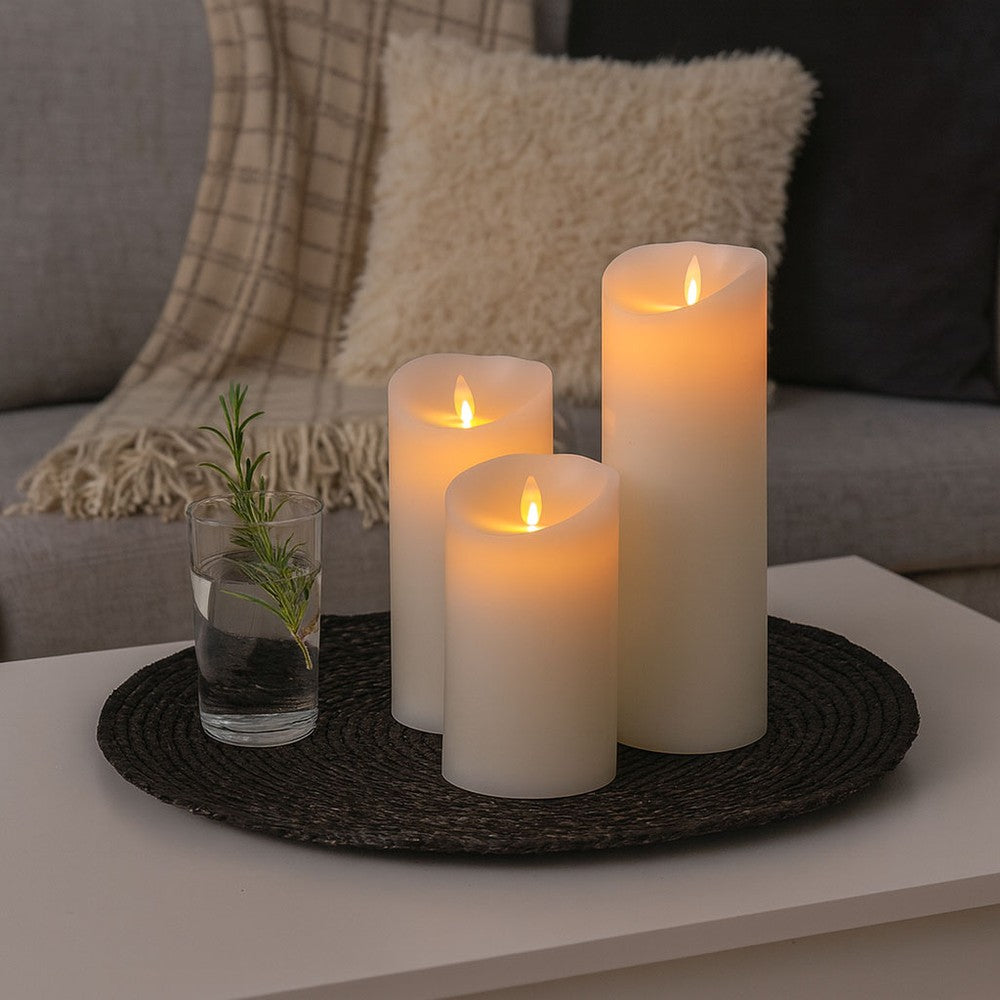 LED Bloklys XL, 3 stk, Ø10cm, 17,5/22,5/30cm høj, bevægelig flamme, hvid - Inkl. fjernbetjening og timer, ægte stearin