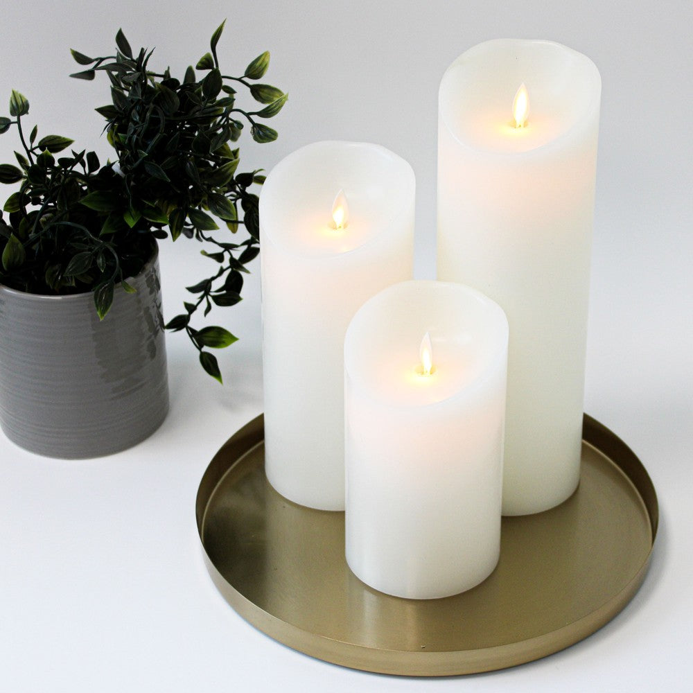 LED Bloklys XL, 3 stk, Ø10cm, 17,5/22,5/30cm høj, bevægelig flamme, hvid - Inkl. fjernbetjening og timer, ægte stearin