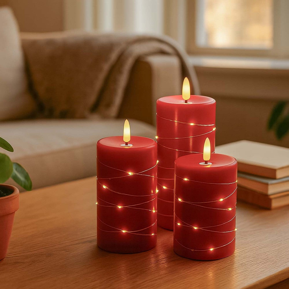 LED Bloklys sæt med flammeeffekt og lyskæde, Rød, Ø7,5cm, 10/12,5/15cm, fjernbetjening, timer, ægte stearin