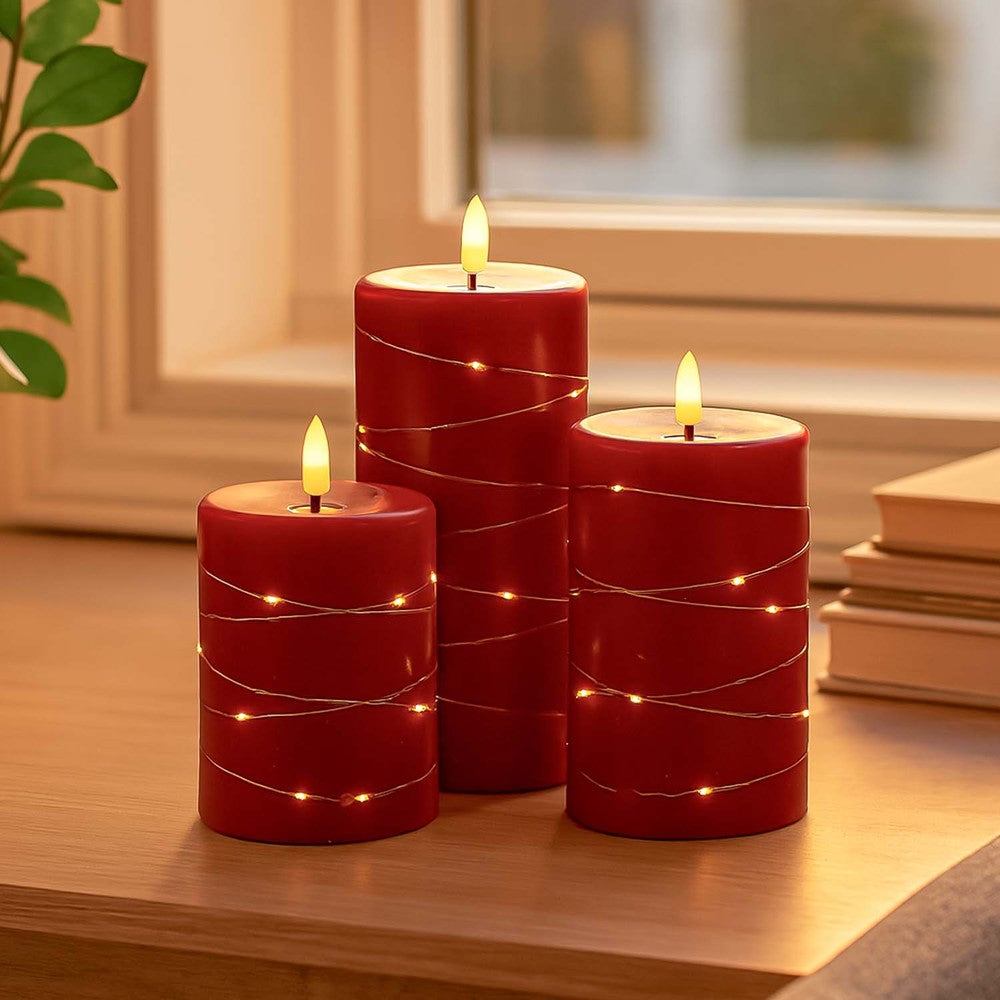 LED Bloklys sæt med flammeeffekt og lyskæde, Rød, Ø7,5cm, 10/12,5/15cm, fjernbetjening, timer, ægte stearin