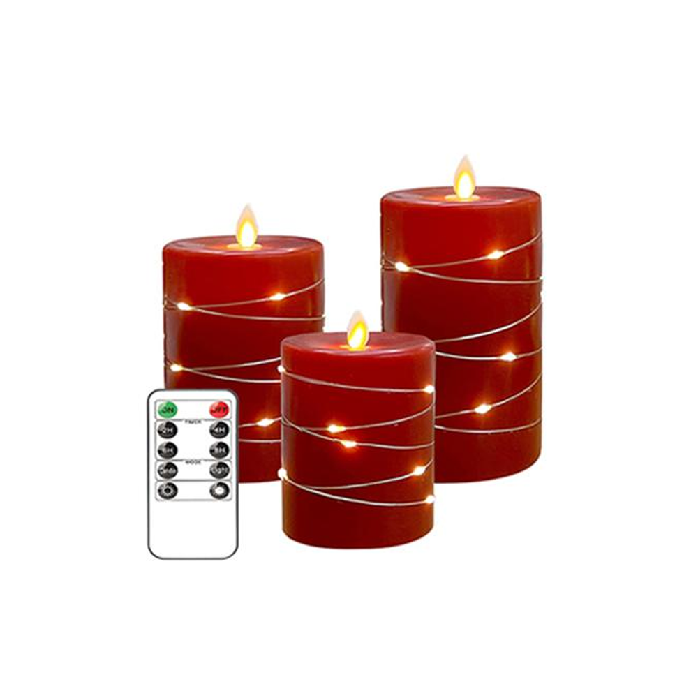 LED Bloklys sæt med flammeeffekt og lyskæde, Rød, Ø7,5cm, 10/12,5/15cm, fjernbetjening, timer, ægte stearin