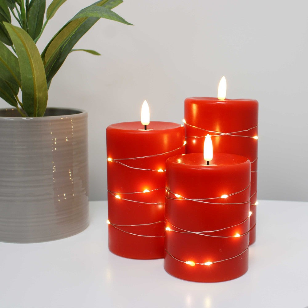 LED Bloklys sæt med flammeeffekt og lyskæde, Rød, Ø7,5cm, 10/12,5/15cm, fjernbetjening, timer, ægte stearin