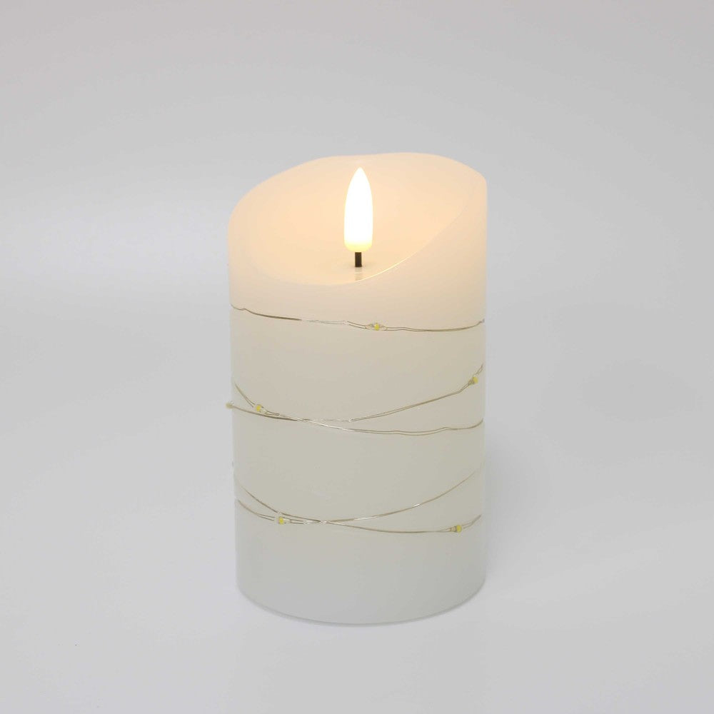 LED Bloklys med lyskæde, 12,5cm høj, flammeeffekt - Ø7,5cm, inkl. fjernbetjening, ægte stearin