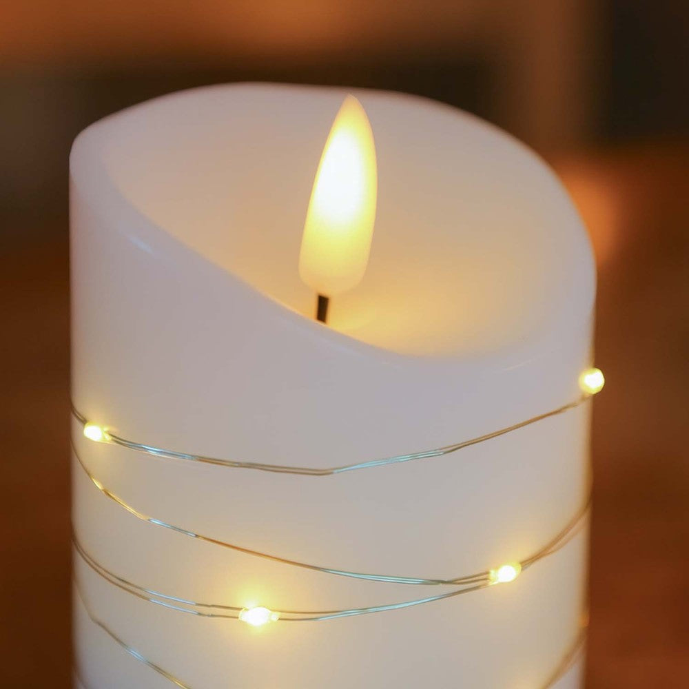 LED Bloklys med lyskæde og flammeeffekt, 15cm høj, inkl. fjernbetjening, ægte stearin, Ø7,5cm