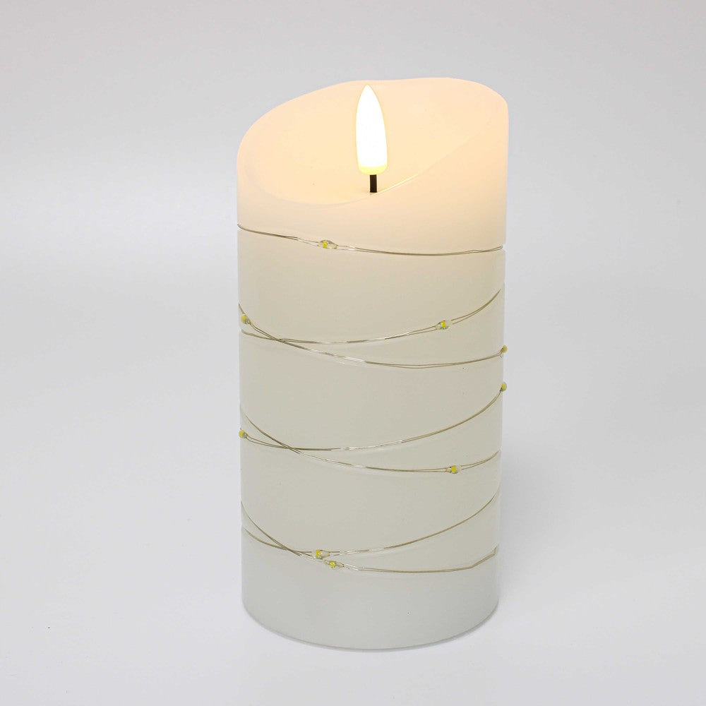 LED Bloklys med lyskæde og flammeeffekt, 15cm høj, inkl. fjernbetjening, ægte stearin, Ø7,5cm