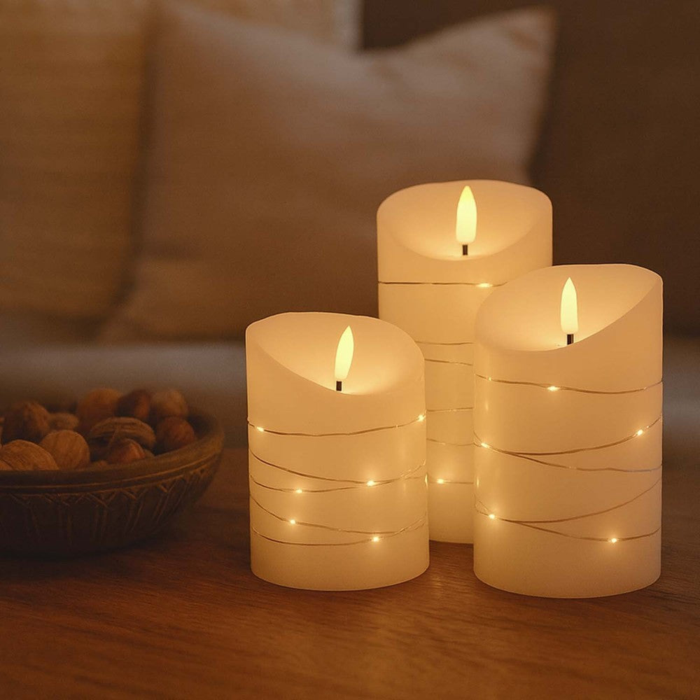 LED Bloklys sæt med lyskæde og flammeeffekt - Ø7,5cm, 10/12,5/15cm høj, fjernbetjening, timer, ægte stearin