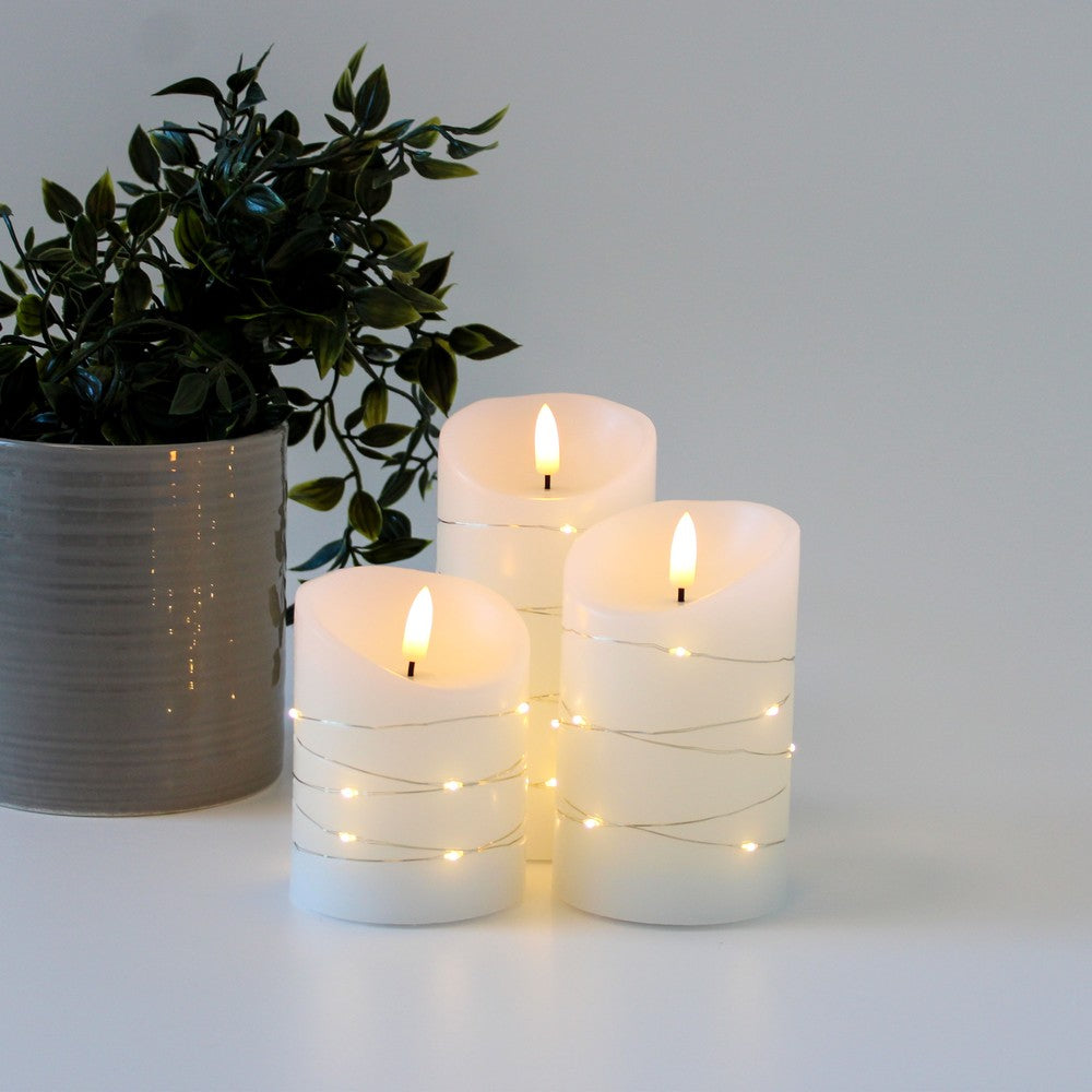 LED Bloklys sæt med lyskæde og flammeeffekt - Ø7,5cm, 10/12,5/15cm høj, fjernbetjening, timer, ægte stearin