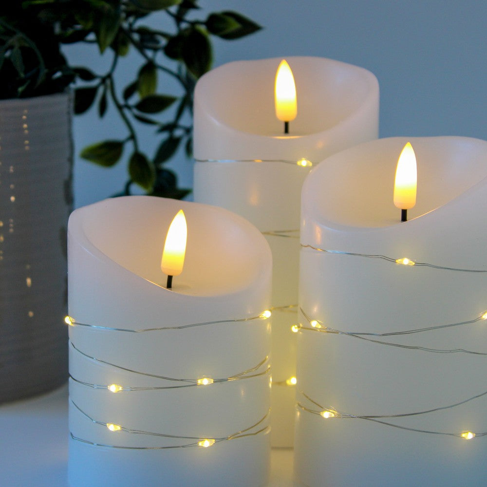 LED Bloklys sæt med lyskæde og flammeeffekt - Ø7,5cm, 10/12,5/15cm høj, fjernbetjening, timer, ægte stearin