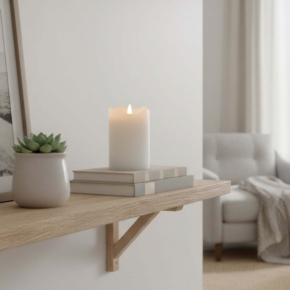 LED Bloklys med flammeeffekt, hvid, 12,5cm høj, Ø7,5cm, fjernbetjening, timer, ægte stearin