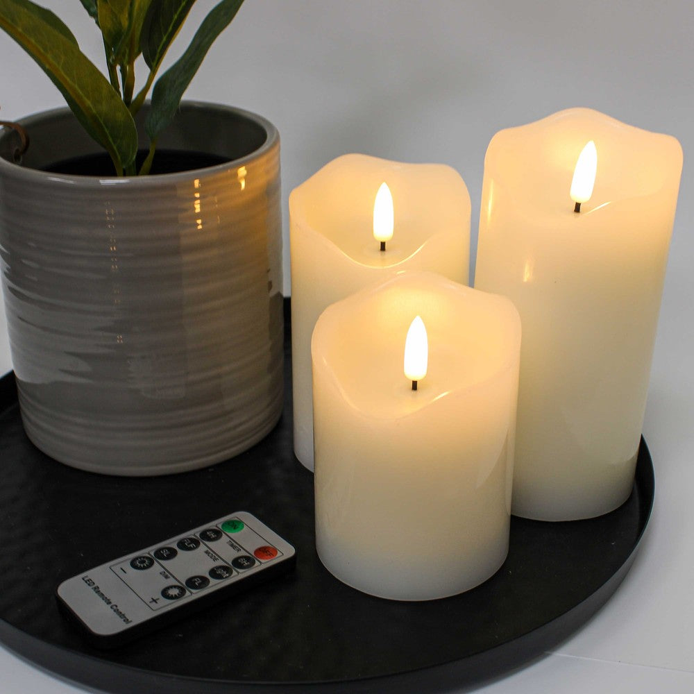 LED Bloklys med flammeeffekt, hvid, 10/12,5/15cm, fjernbetjening, timer, ægte stearin