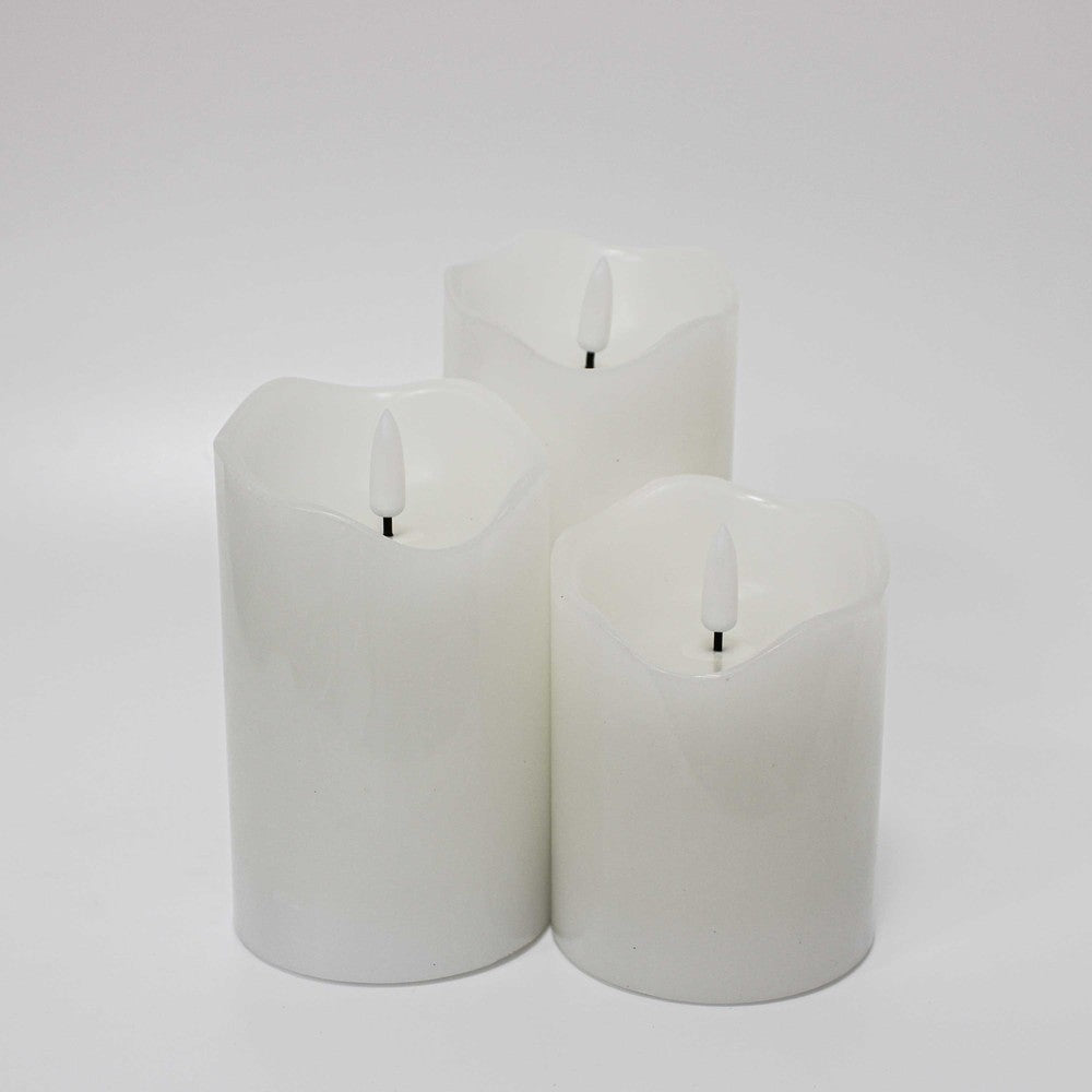 LED Bloklys med flammeeffekt, hvid, 10/12,5/15cm, fjernbetjening, timer, ægte stearin