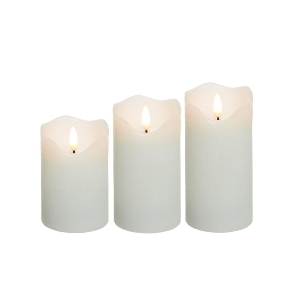 LED Bloklys med flammeeffekt, hvid, 10/12,5/15cm, fjernbetjening, timer, ægte stearin