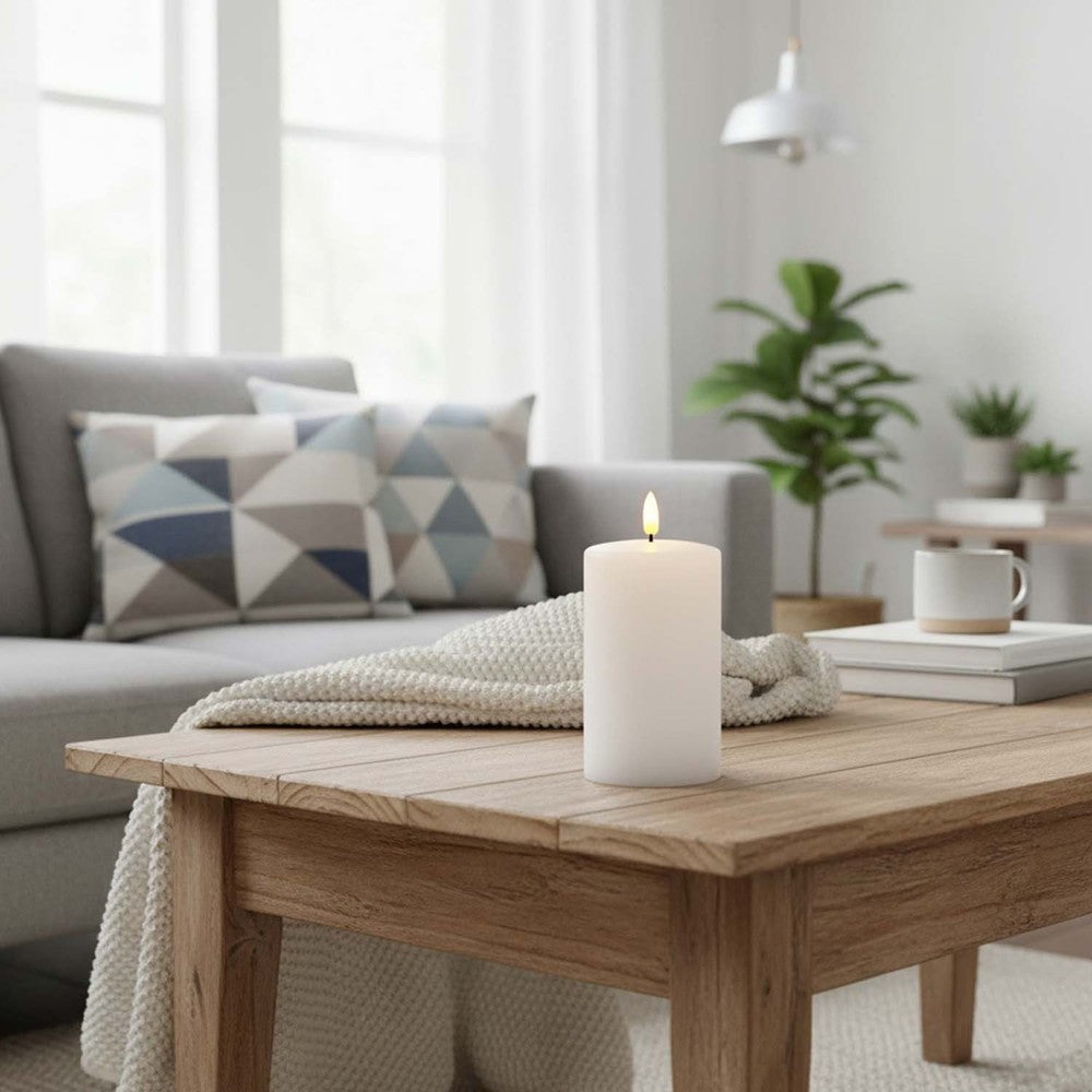 LED Bloklys med smelte-look og flammeeffekt, inkl. fjernbetjening, timer og ægte stearin - 12,5cm høj, Ø7,5cm