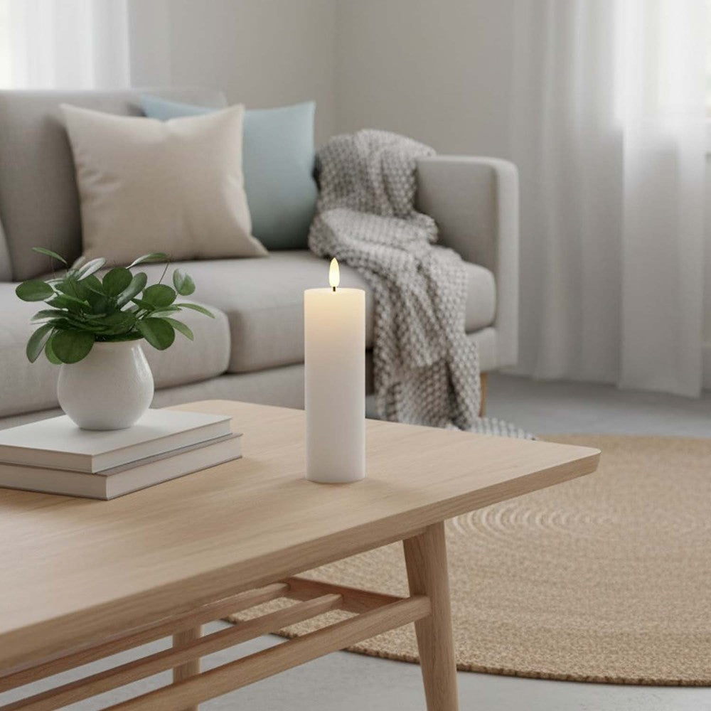 LED Bloklys med flammeeffekt, hvid, 15cm, fjernbetjening og timer - Ægte stearin, Ø5cm