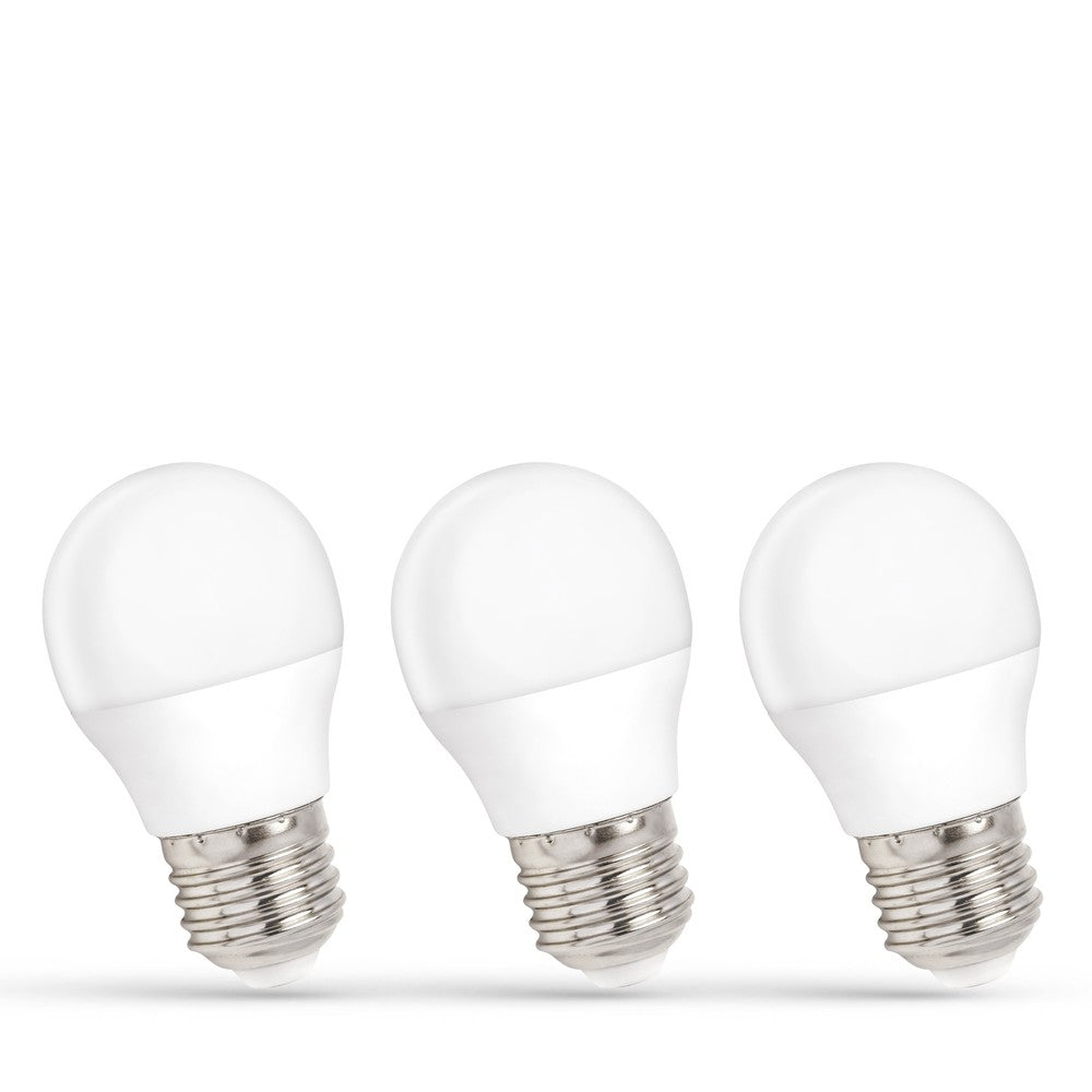 G45 LED Kugle Pære 6W E27 - 230V, Varm Hvid, Spectrum, 3-pak. Ideel til belysning med 490lm og RA80. Energibesparende valg til dit hjem.