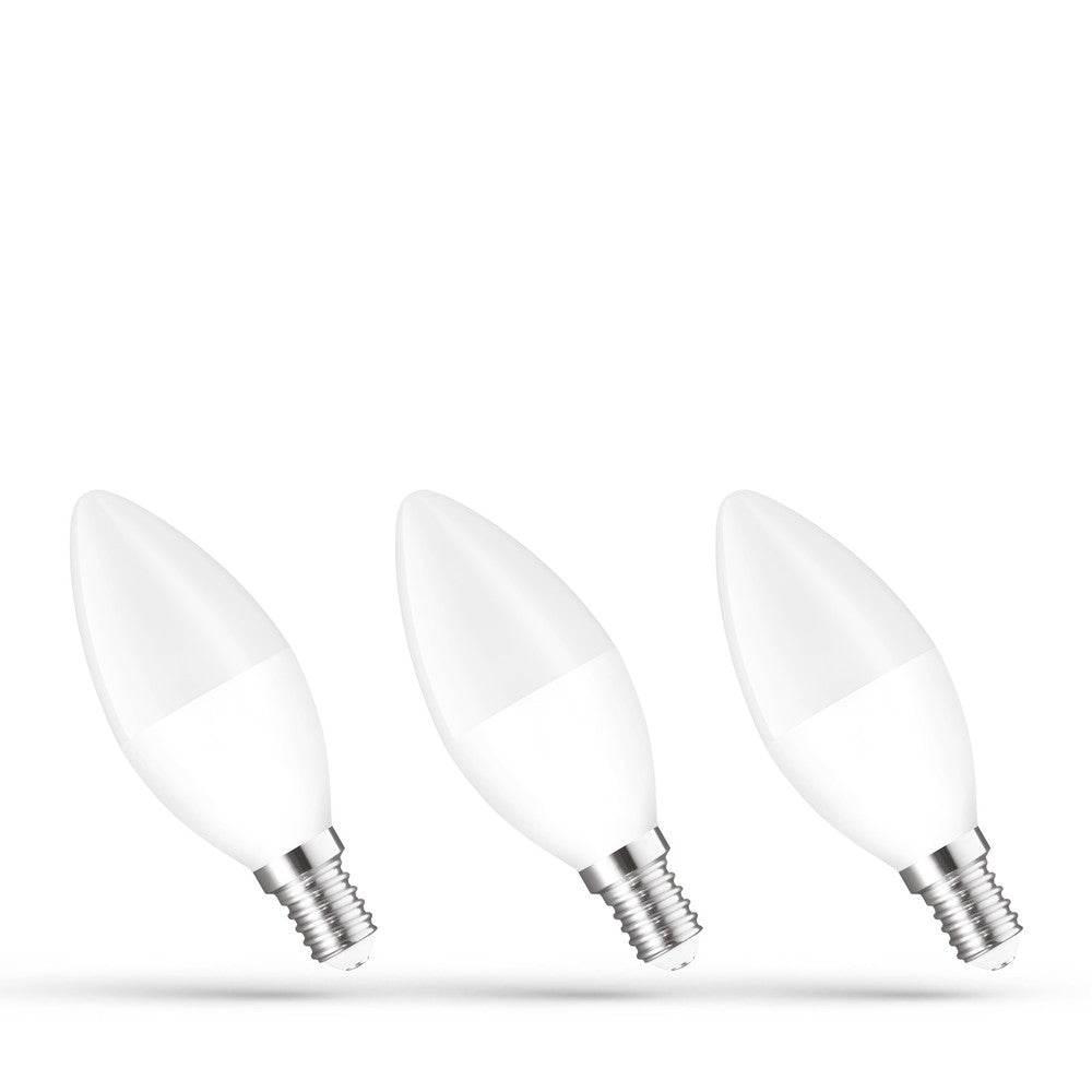 3-pak C37 LED pærer med E14 fatning, 6W, 230V, Varm Hvid lysfarve, Spectrum, 490lm, RA80