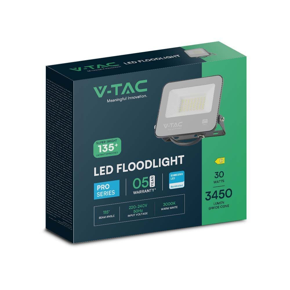 V-Tac 30W LED projektør, 135lm/W - Samsung LED chip, udendørs arbejdslampe, 1m ledning, IP65