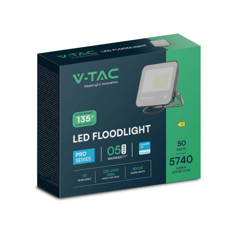 V-Tac 50W LED projektør med Samsung LED chip, 5740lm, IP65, udendørs, 5 års garanti