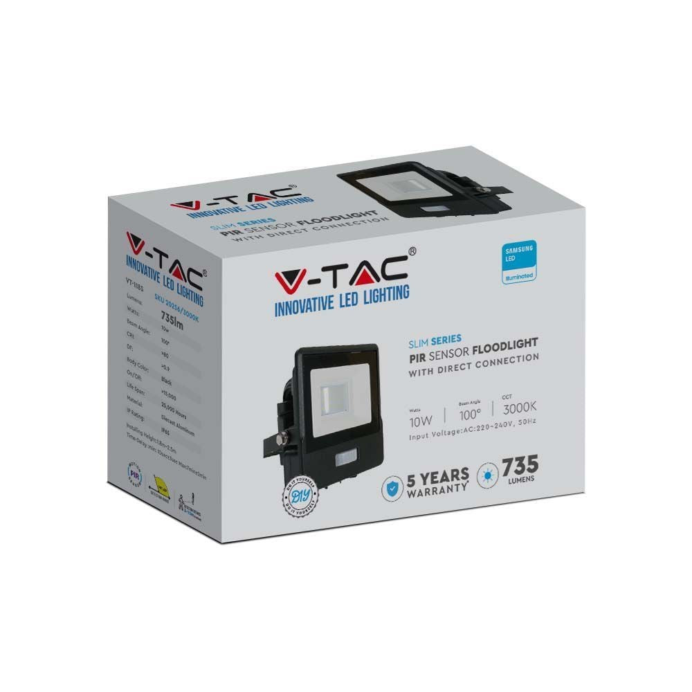V-Tac 10W LED projektør med sensor - Samsung LED chip, 735lm, IP65, 5 års garanti