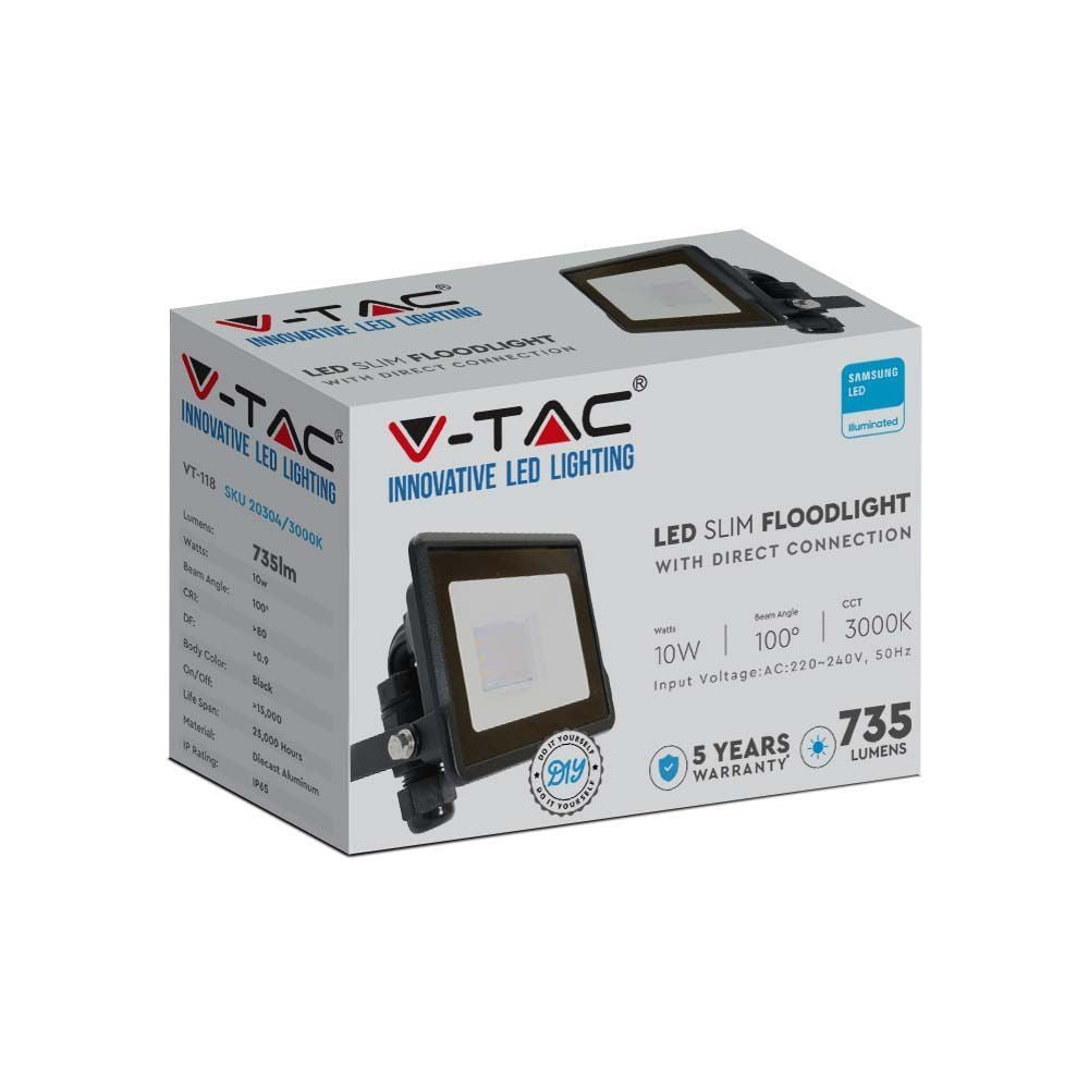 V-Tac 10W LED projektør med Samsung LED chip, arbejdslampe til udendørs brug, IP65, 735lm, RA80
