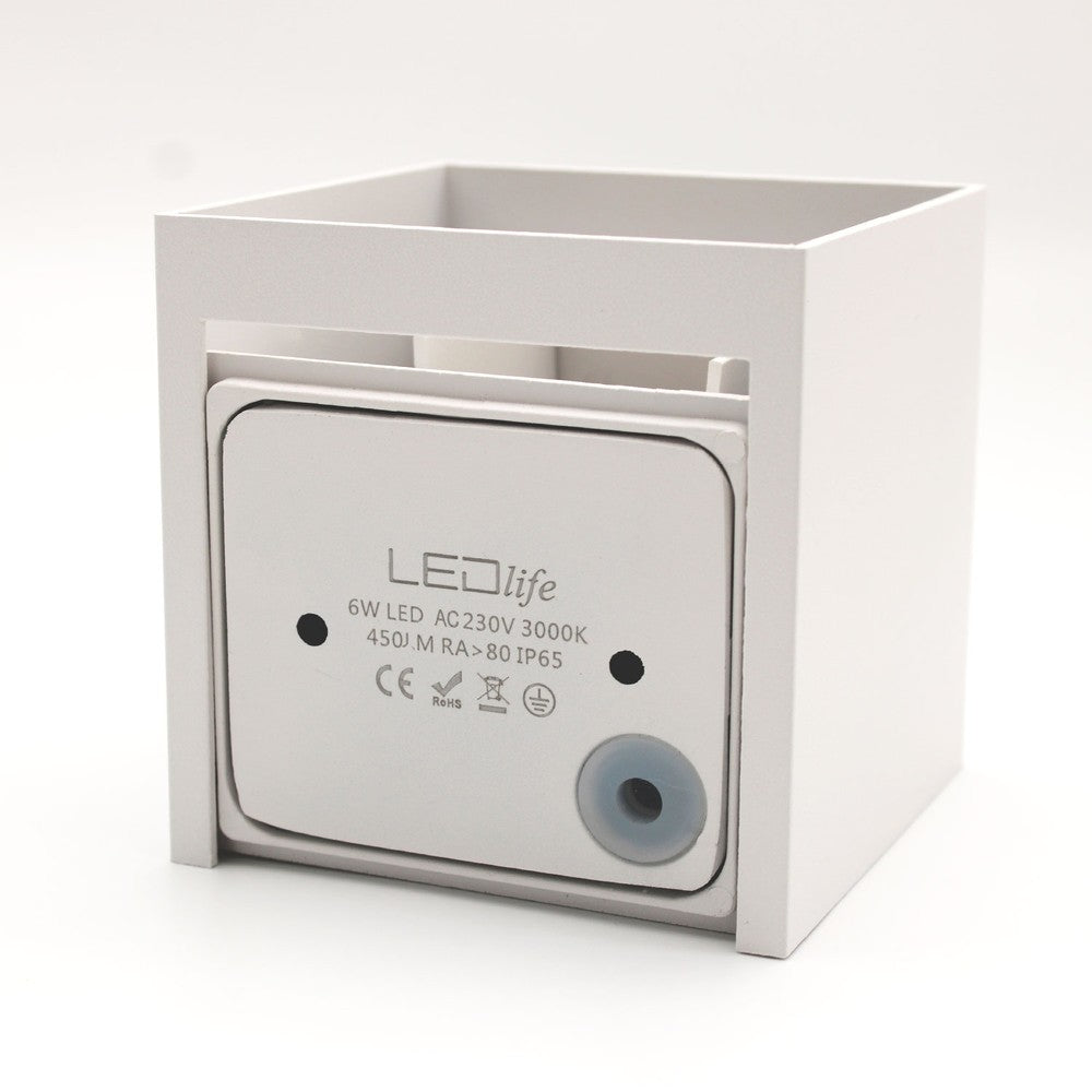 LEDlife CUBIC 6W væglampe - Hvid, firkantet, op/ned, justerbar, inde/ude, IP65, inkl. lyskilde