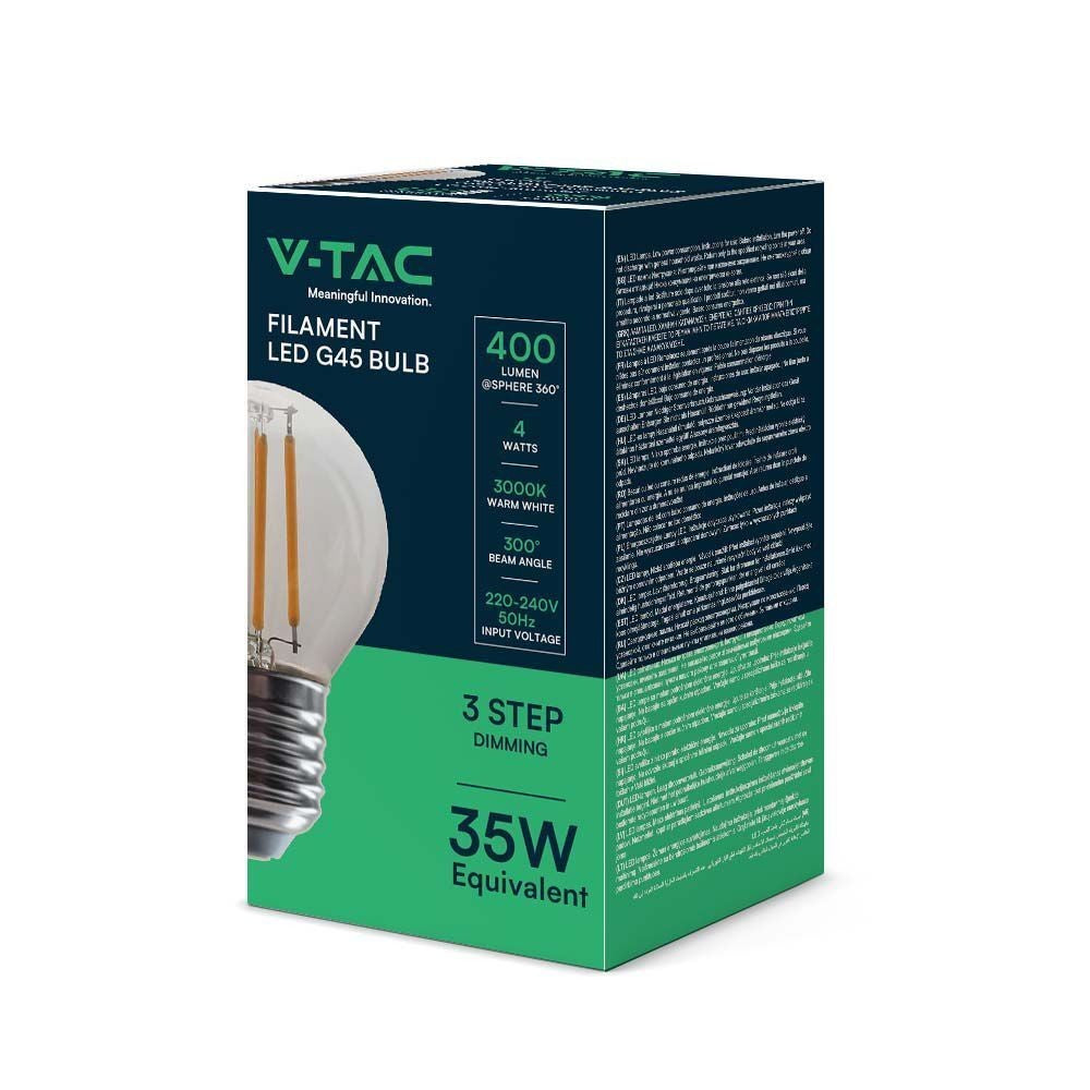 V-Tac 4W LED kronepære - 3-trin dæmpbar, G45, kultråd, klart glas, E27, 400lm, RA80