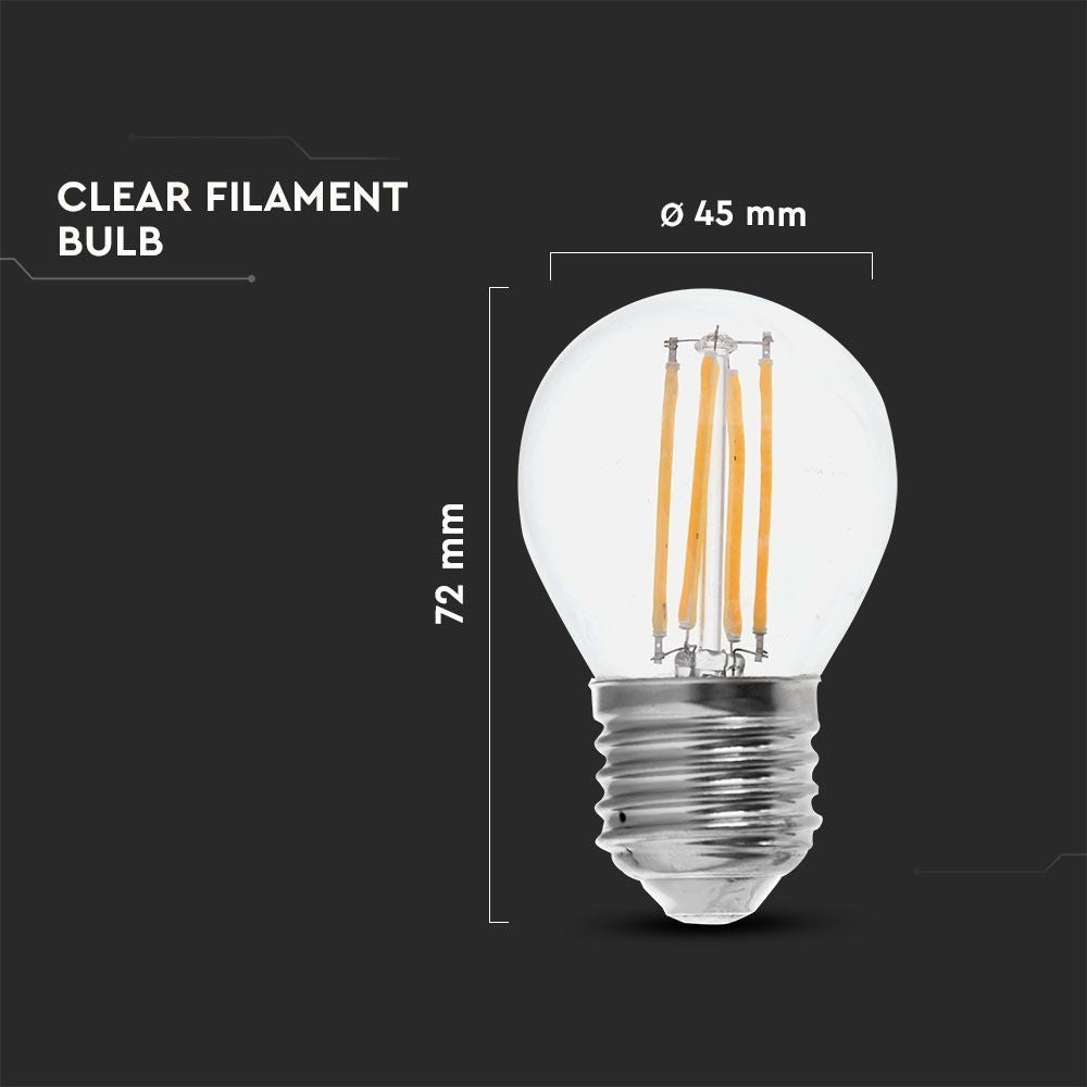 V-Tac 4W LED kronepære - 3-trin dæmpbar, G45, kultråd, klart glas, E27, 400lm, RA80