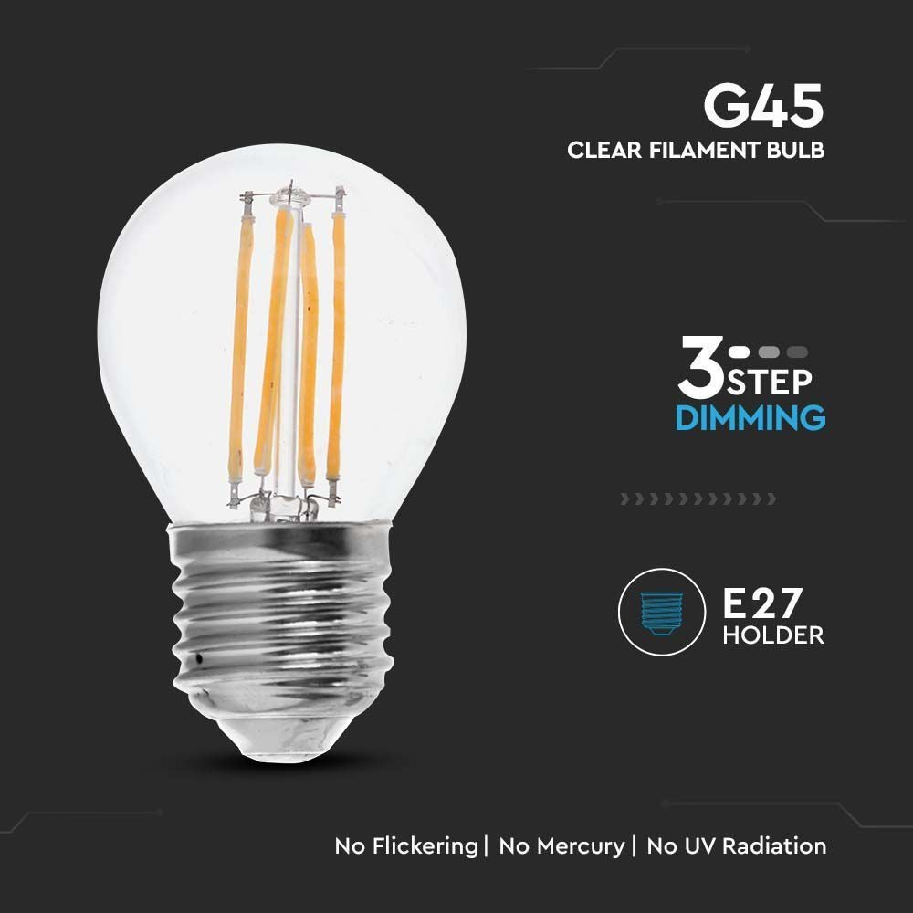 V-Tac 4W LED kronepære - 3-trin dæmpbar, G45, kultråd, klart glas, E27, 400lm, RA80