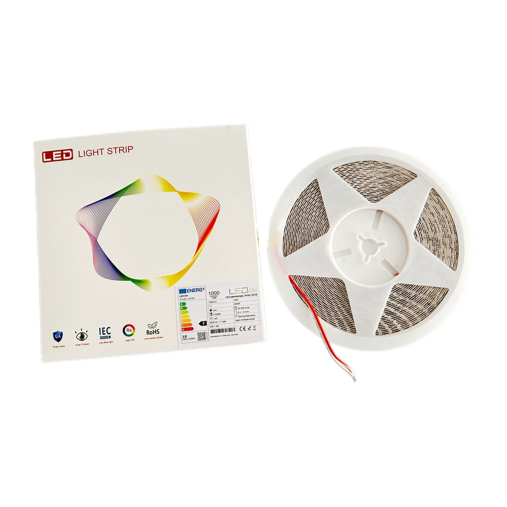 10m LED strip RA98, 10W/m - IP20, 24V, 120 LED pr. meter - Hvidt lys med høj farvegengivelse