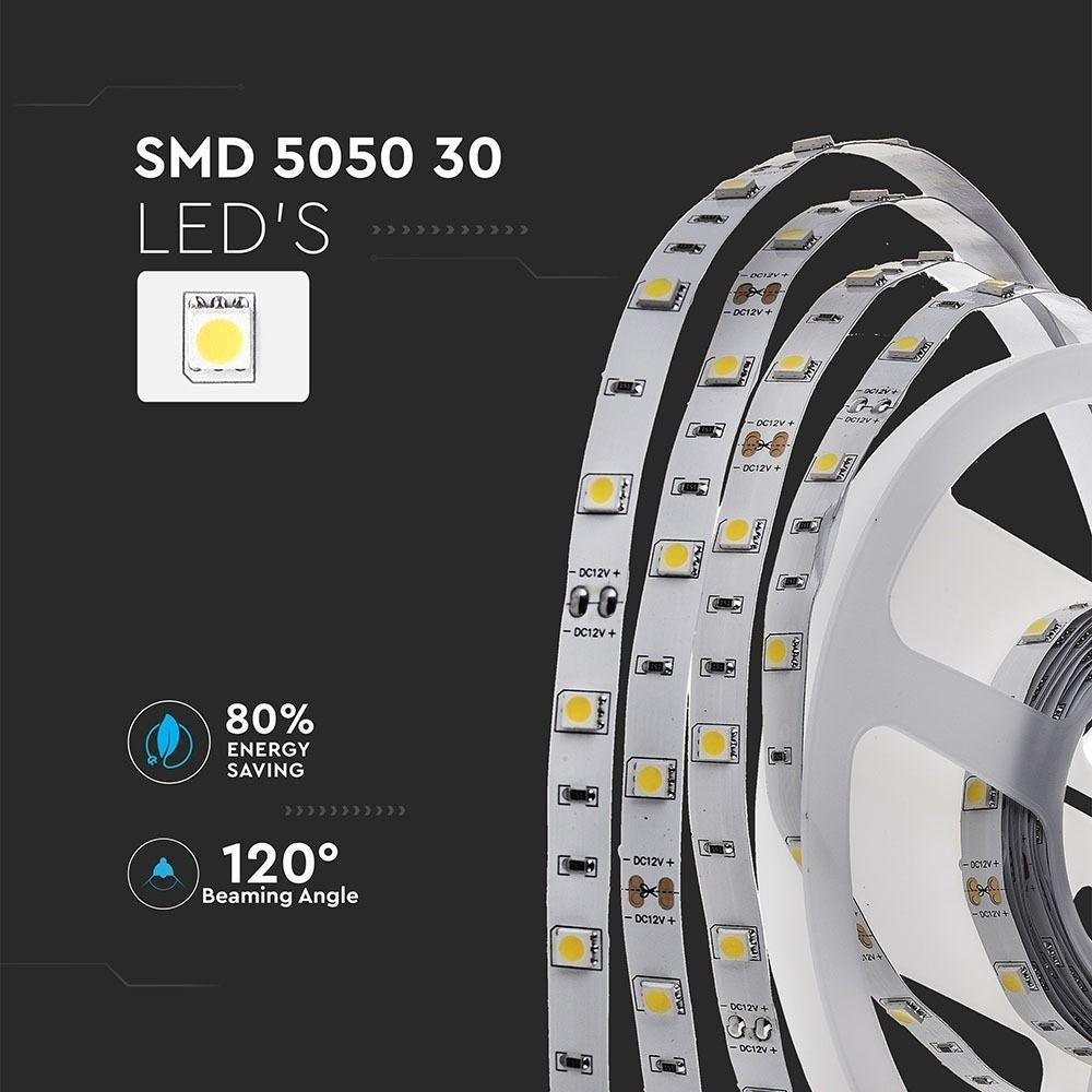 V-Tac 4,8W/m LED strip - 5m, IP20, 30 LED pr. meter - 500lm/meter - RA80