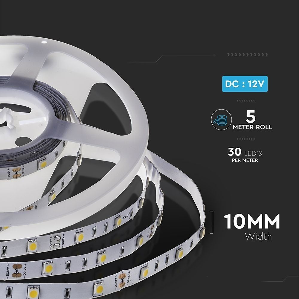 V-Tac 4,8W/m LED strip - 5m, IP20, 30 LED pr. meter - 500lm/meter - RA80